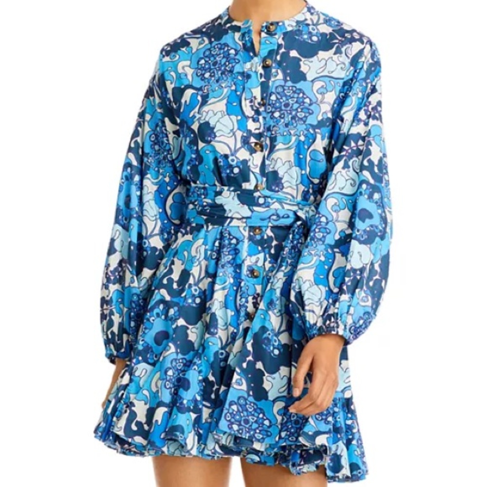 Rhode Emma Woodstock Floral Blue Cotton Poplin Mini Dress - Size Small